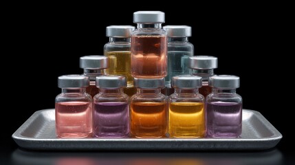 Colorful medical vials stacked in a pyramid on a metal tray, showcasing diverse liquid solutions on a dark background