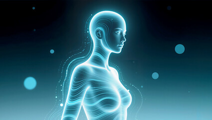 Digital representation of a glowing humanoid figure immersed in tech