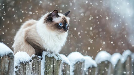 Stunning Ragdoll cat with piercing blue eyes enjoys a snowy day perched on a rustic wooden fence amidst gently falling snowflakes outdoors