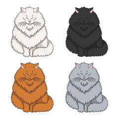 Set of color illustrations featuring fluffy cat. Isolated vector objects on white background.