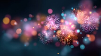 Fototapeta premium Colorful fireworks and bokeh lights illuminating a dark night sky for celebration.