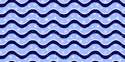 Seamless Christmas pattern with wavy blue lines, snow, and snowflakes. Suitable for wallpapers, backgrounds, textiles, packaging, and paper. Vector illustration.