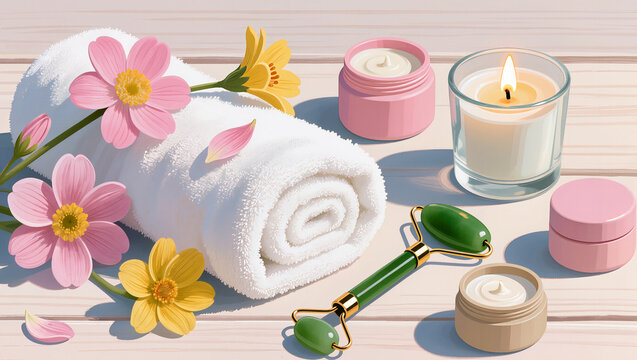 Relaxing spa arrangement with flowers and calming essentials