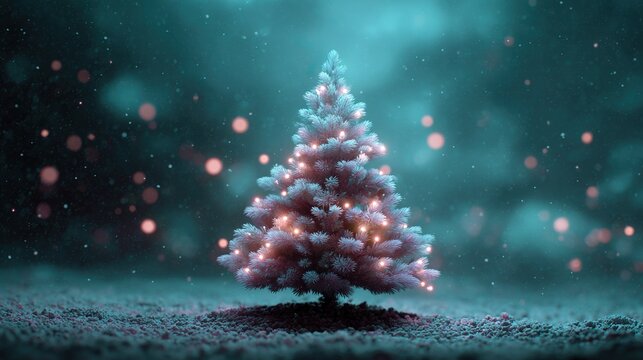 Magical christmas tree glowing softly in a serene winter landscape with falling snow