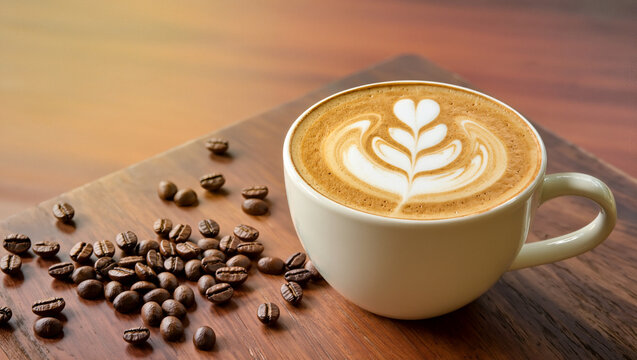 Enjoying a warm cup of coffee with beautiful latte art at home