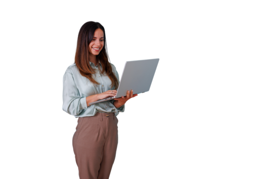 Professional businesswoman smiling, standing, using laptop, connecting, working remotely, browsing online, transparent background