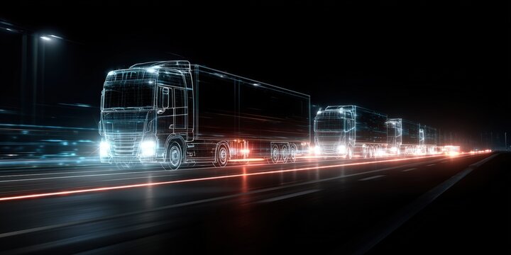 Dynamic Long Line of Trucks on Road with Glowing Lights and Futuristic Hologram, Perfect for Transport, Logistics, and Technology Marketing or Business Education Visuals