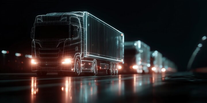 Futuristic Truck Fleet on Busy Highway at Night with Glowing Lights and Hologram Technology, Ideal for Transportation, Logistics, and Urban Infrastructure Marketing Campaigns