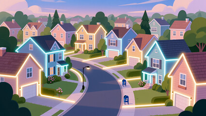 Brightly lit suburban street at dusk with charming houses