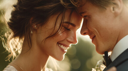 Eternal Affection: A radiant couple gazes lovingly at each other on their wedding day, embracing a moment of pure bliss and deep affection.