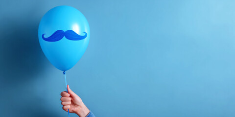 Creative Concept for Men's Health Day: Female Hand Holding Blue Balloon with Mustache Symbol against Minimalist Background, Ideal for Marketing, Wellness Campaigns, and Educational Materials.