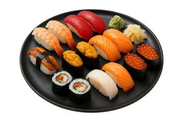 Colorful Assorted Sushi Selection Served on Dark Plate Isolated on a Transparent Background