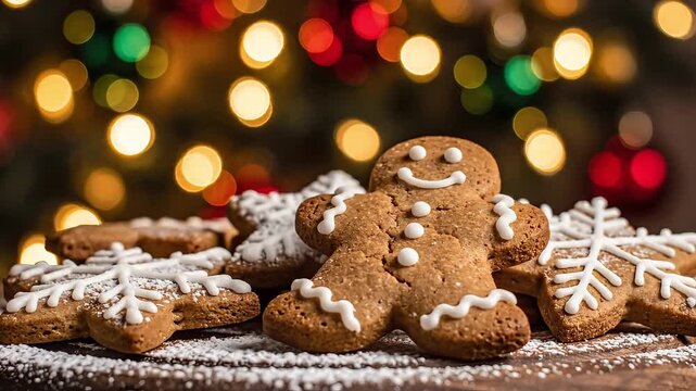 Festive gingerbread cookies with icing and holiday lights create a cozy Christmas scene, perfect for baking promotions and seasonal marketing