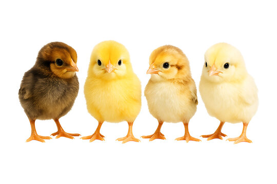 Group of Baby Chicks Standing Together in Bright Colors Isolated on a Transparent Background