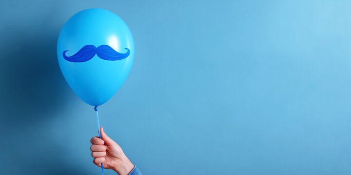 Creative Concept for Men's Health Day: Female Hand Holding Blue Balloon with Mustache Symbol against Minimalist Background, Ideal for Marketing, Wellness Campaigns, and Educational Materials.