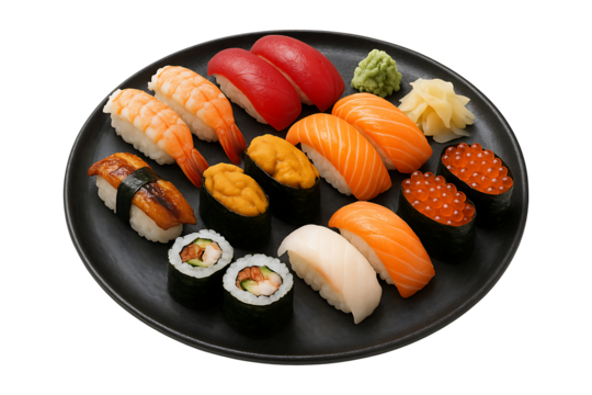 Colorful Assorted Sushi Selection Served on Dark Plate Isolated on a Transparent Background - Powered by Adobe