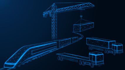 Digital cargo flow. A tower crane lifting a container from a truck for loading onto a train. Concepts of automation, logistic integration, smart supply chains and digital delivery.