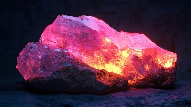 Stunning pink crystal glows with vibrant light, a mesmerizing mineral formation for geology enthusiasts and eye-catching abstract designs