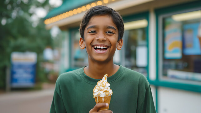 Smiling and laughing young Indian Asian boy with ice cream cone, copy space