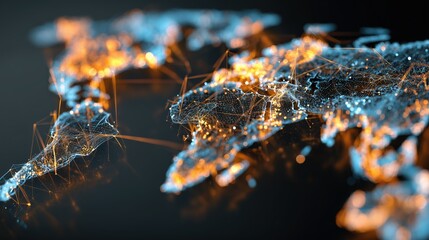 Abstract Digital World Map with Glowing Connections, Representing Global Network and Connectivity, Ideal for Business, Marketing, or Education Projects in Technology and Data Transfer Themes.