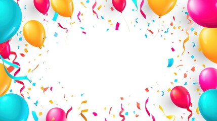 jamboree. Festive frame with balloons, streamers and confetti against simple background in vibrant colors, gardening catalogs, home-decor guides, designed for home decor and floral branding.
