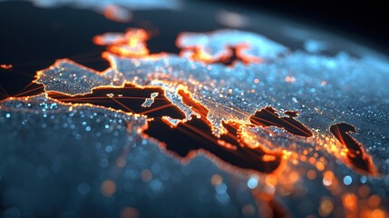 Abstract Digital World Map with Glowing Connections, Representing Global Network and Connectivity, Ideal for Business, Marketing, and Technology Themes in a Blue and Orange Color Palette