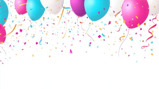 jamboree. Festive frame with balloons, streamers and confetti against simple background in vibrant colors, gardening catalogs, home-decor guides, designed for home decor and floral branding.