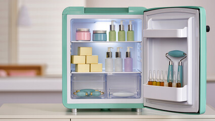 Skincare fridge filled with vibrant beauty products and tools