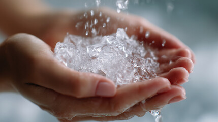 Fototapeta premium Fresh Water and Ice in a Woman's Hand on Light Background, Concept of Hydration and Wellness, Ideal for Marketing, Lifestyle, and Educational Materials with Copy Space for Custom Text