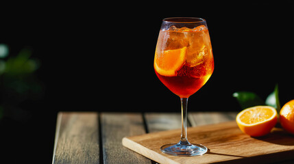 Refreshing Aperol Spritz Cocktail in Elegant Wine Glass on Rustic Wooden Table with Dark Background Perfect for Restaurant Menus, Marketing, Lifestyle Blogs, and Summer Event Promotions