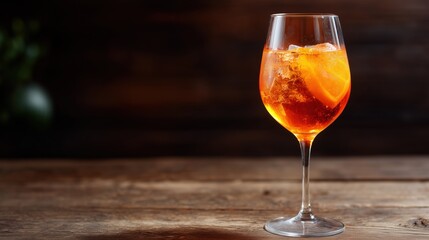Refreshing Aperol Spritz cocktail in a wine glass on a rustic wooden table, perfect for marketing, lifestyle blogs, or social media promotions, with ample copy space for text or design.