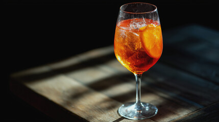 Refreshing Aperol Spritz cocktail in an elegant wine glass on a rustic wooden table, perfect for summer gatherings, marketing materials, or lifestyle promotions with ample copy space for text.