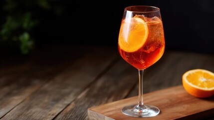 Refreshing Aperol Spritz Cocktail in a Wine Glass on Rustic Wooden Table, Perfect for Food and Drink Marketing, Lifestyle Blogs, or Event Promotions with Ample Copy Space for Custom Text.