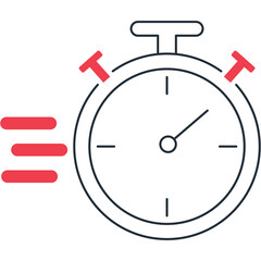 Simple line drawing stopwatch icon with red abstract motion lines and white background represents speed and time management concept
