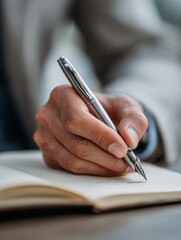 Close-up of a businessman's hand elegantly writing notes in a notebook with a pen on a wooden table, conveying creativity and focus, ideal for business planning, marketing, and education contexts.