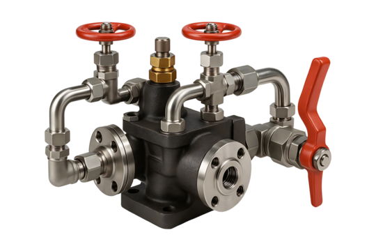 Precision Engineered Valve Assembly Featuring Multiple Flow Controls Isolated on a Transparent Background