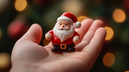 Adorable Santa Claus figurine nestled safely in a warm hand, bokeh lights dancing in background, perfect for holiday cheer and festive promotions