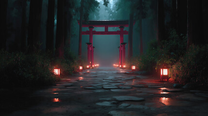 Mystical Japanese Torii Gate Pathway in Enchanted Forest, Illuminated by Glowing Lanterns Under Foggy Night Sky – Ideal for Fantasy, Travel, and Inspirational Marketing Themes.