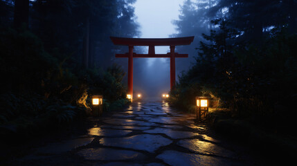 Mystical Red Torii Gate Surrounded by Foggy Forest Path with Glowing Lanterns, Evoking Fantasy and Serenity for Wellness, Lifestyle, and Travel Marketing Concepts.