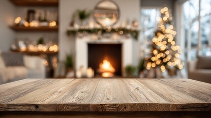 Cozy Christmas Living Room with Warm Fireplace and Blurred Decor Perfect for Holiday Marketing, Seasonal Promotions, or Lifestyle Content Featuring an Inviting Wooden Table Top Setting