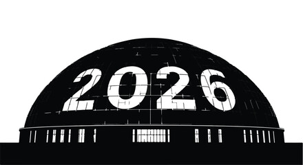 Futuristic dome structure illuminated with the year 2026, symbolizing progress and the future.