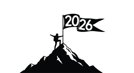 Person standing on mountain peak holding flag with 2026, symbolizing achievement and future goals.