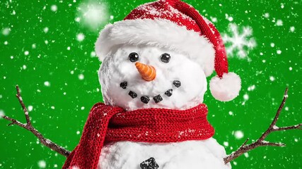 Festive snowman in falling snow brings holiday cheer, perfect for Christmas promotions and winter themed videos adding a touch of whimsical seasonal magic - Powered by Adobe