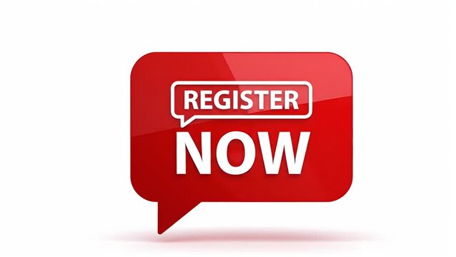 Glossy red register now speech bubble icon for web use