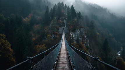 Obraz premium Suspension Bridge Through Misty Mountain: A long, sturdy suspension bridge gracefully spans across a deep ravine, disappearing into a misty forest, evoking a sense of adventure and tranquility.