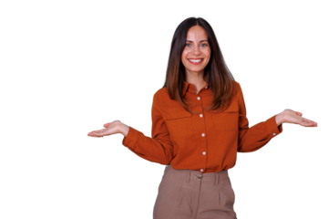 Woman smiling, showing open hands gesture, presenting product, welcoming, or offering choice. Transparent background