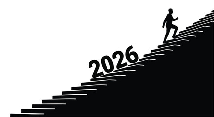 Silhouette of a person climbing stairs towards the year 2026, symbolizing future success and progress.