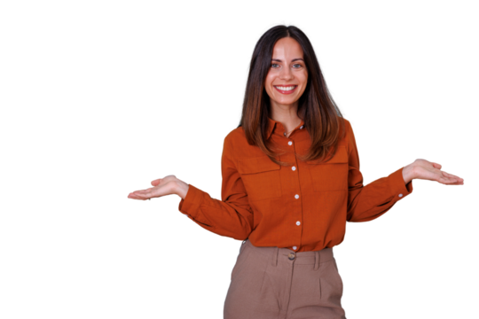 Woman smiling, showing open hands gesture, presenting product, welcoming, or offering choice. Transparent background - Powered by Adobe