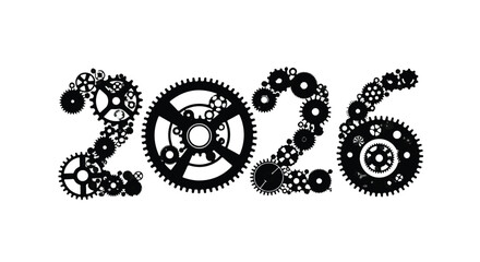 Futuristic 2026 numerals crafted from intricate gears, symbolizing innovation and progress