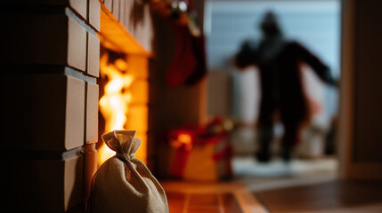 Soft-focus shot of Santa&rsquo;s silhouette entering through the fireplace opening, details obscured for anonymity, cozy ambient glow, with copy space